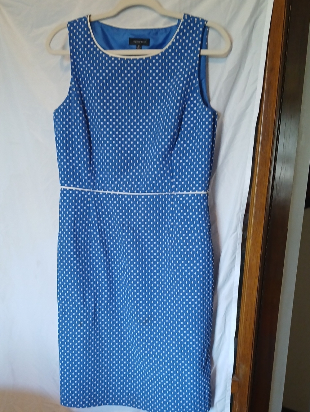 SPENSE3  Sophisticate Blue Polka Dot Midi Sheath with White Trim